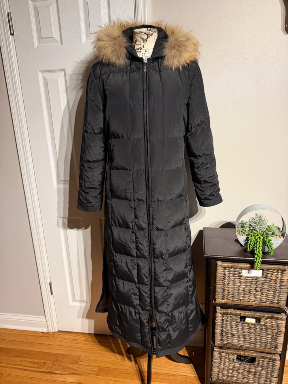 Anne Klein Feathers Down Black Quilt Puffer Long Coat Raccoon Fur Waterfowl M